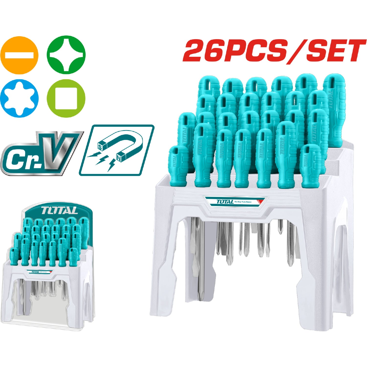 Juego de destornilladores de 26pcs. CR-V. (N1). Blíster. Incluye sostenedor de plástico. Blíster.