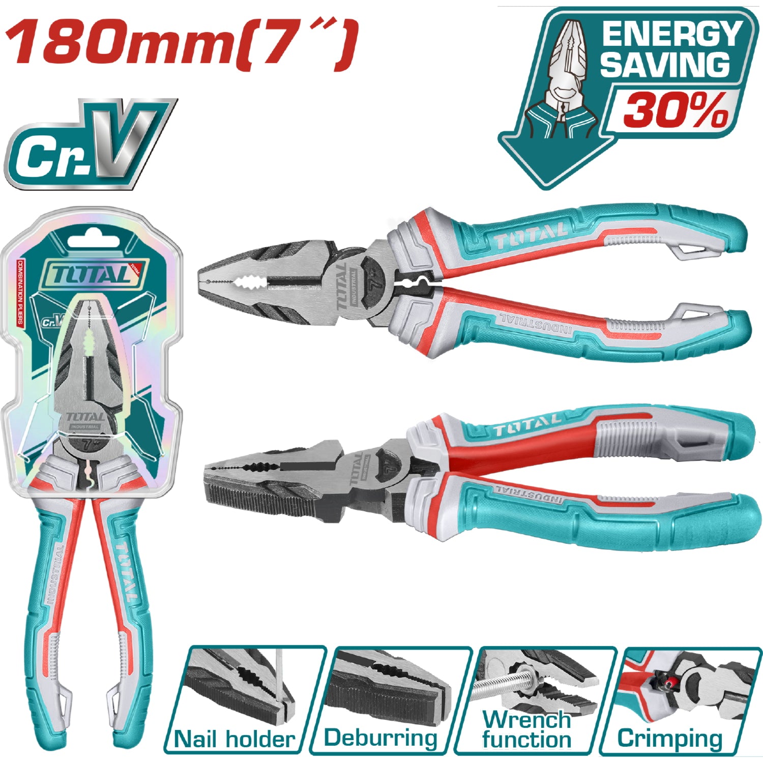 Alicate de combinacion 7"/180mm Cr-V. De alto apalancamiento ahorran el 30% de la fuerza aplicada.