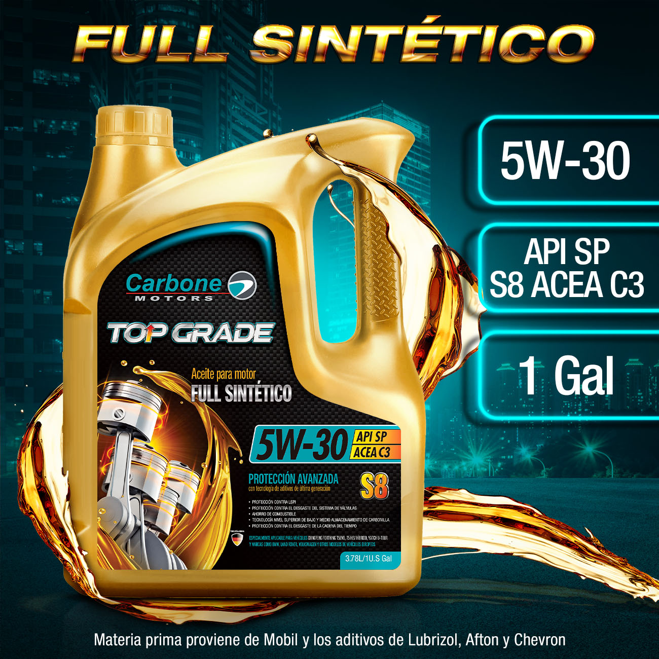 ACEITE DE MOTOR API SP 5W30 FULL SINTÉTICO (TOP GRADE) GASOLINA S8 ACEA C3 CARBONE MOTORS (1  galon)