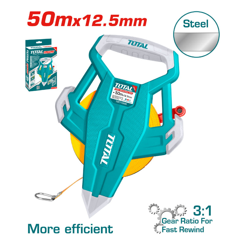 Cinta métrica de acero 50 mts x 12.5 mm. Métrico y pulgadas. Auto enrollable 3:1