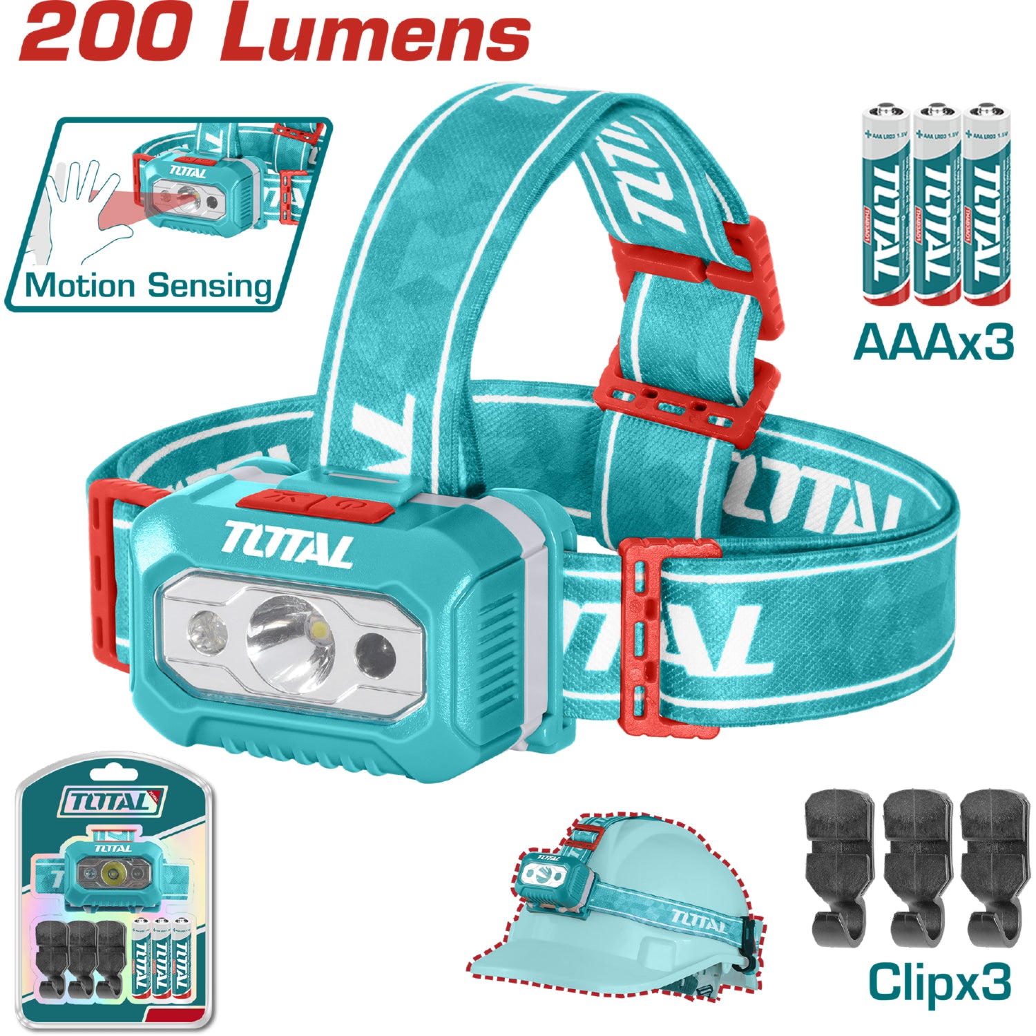 Lampara de cabeza Máx.: 200 lm, Bajo: 100 lm, usa 3 baterías AAA, L:10hrs Distancia 91m, IPX4