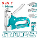 Grapadora 3 en 1 de Fuerza Ajustable. Grapas: Alambre: 1.2 mm, Corona: 11.3 mm, Longitud: 4-14mm.