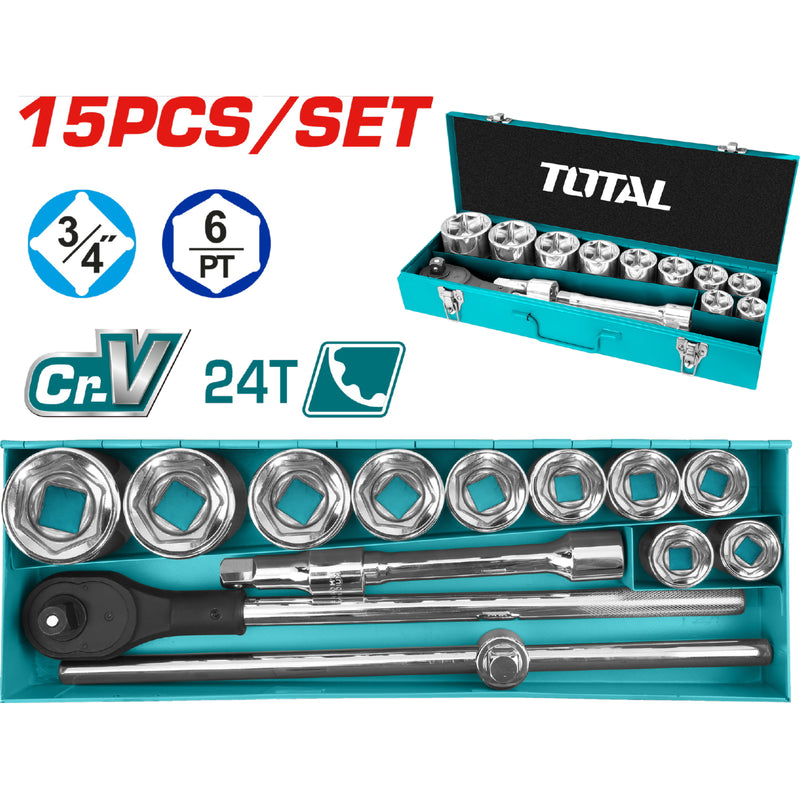 Juego de Dados Socket de 3/4" DR. de 15 Piezas. Cr-V (50 BV 0). Cromado de Tratamiento Térmico.