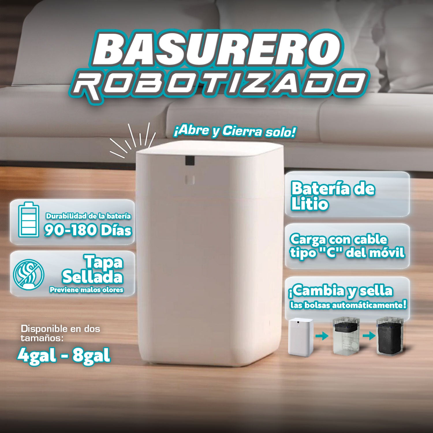 Basurero inteligente con autosellado y cambiador de bolsa automático, sensor de movimiento Papelera Robotica Airdeer