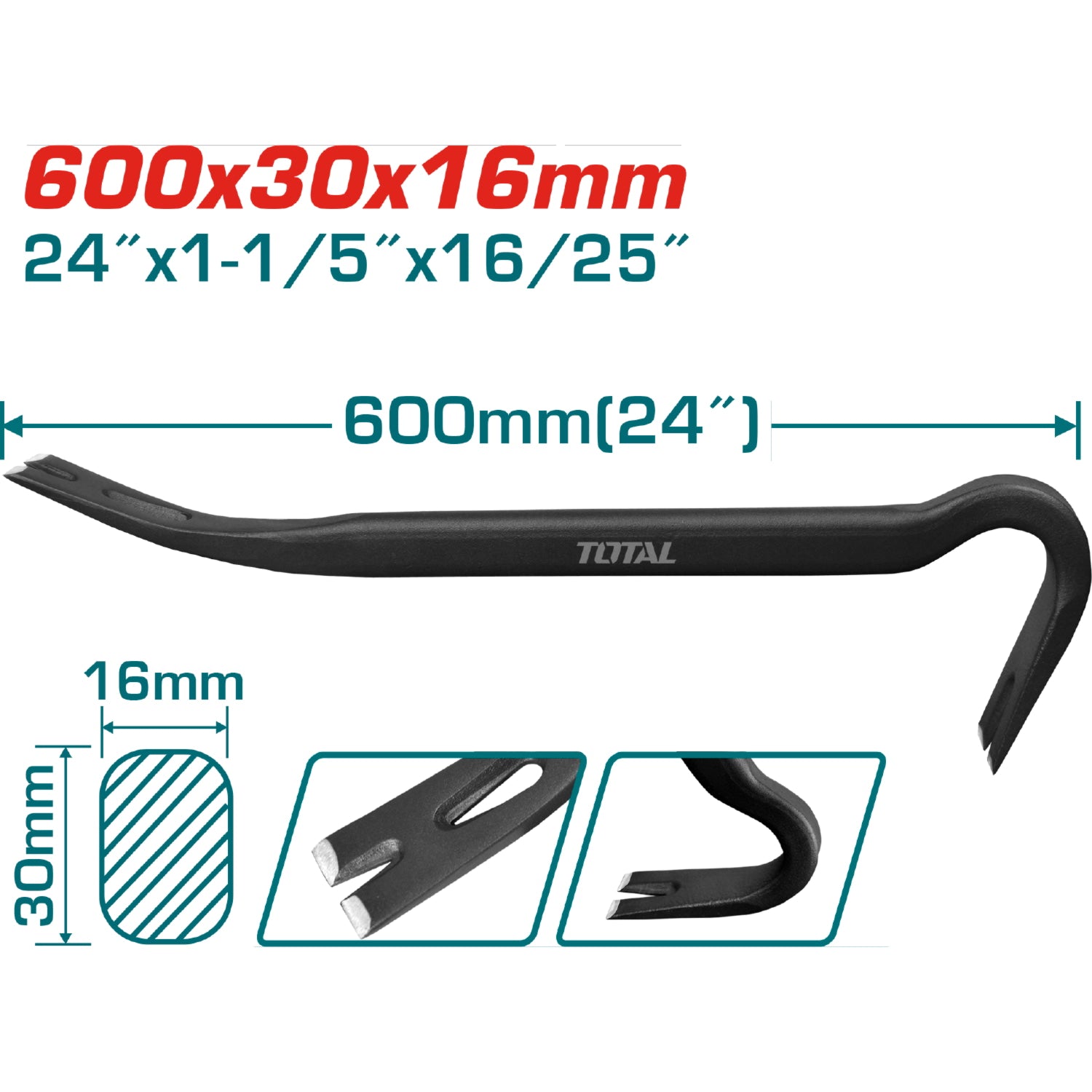 Pata de cabra de 24"(600mm)x1-3/16"(30mm)x5/8"(16.0mm) Vástago oval con muesca (30°, 68°)