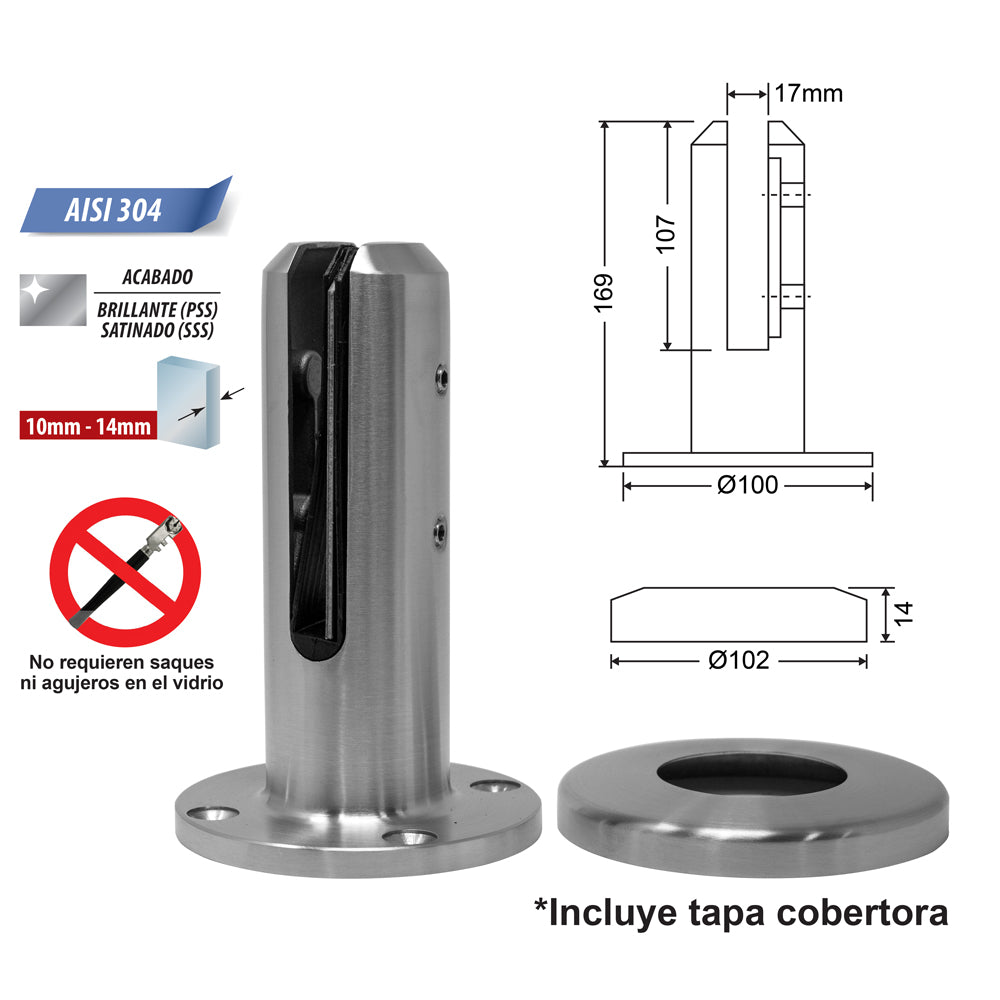 Soporte para barandas vidrio satinado (sin perforacion en vidrios)