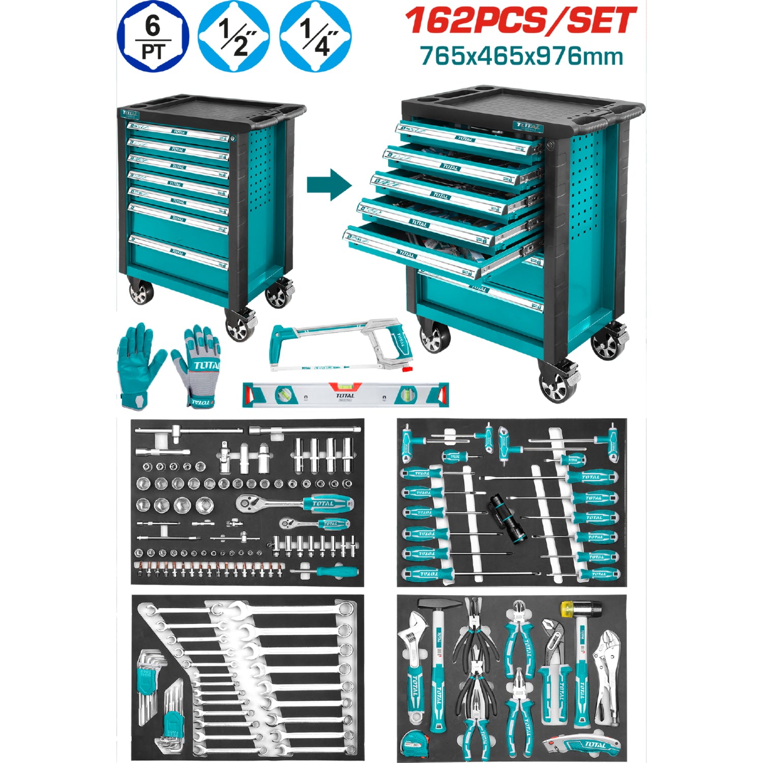Juego Caja herramientas gabinete total 162 pcs. Carrito con gavetas y ruedas Servicio mecanica
