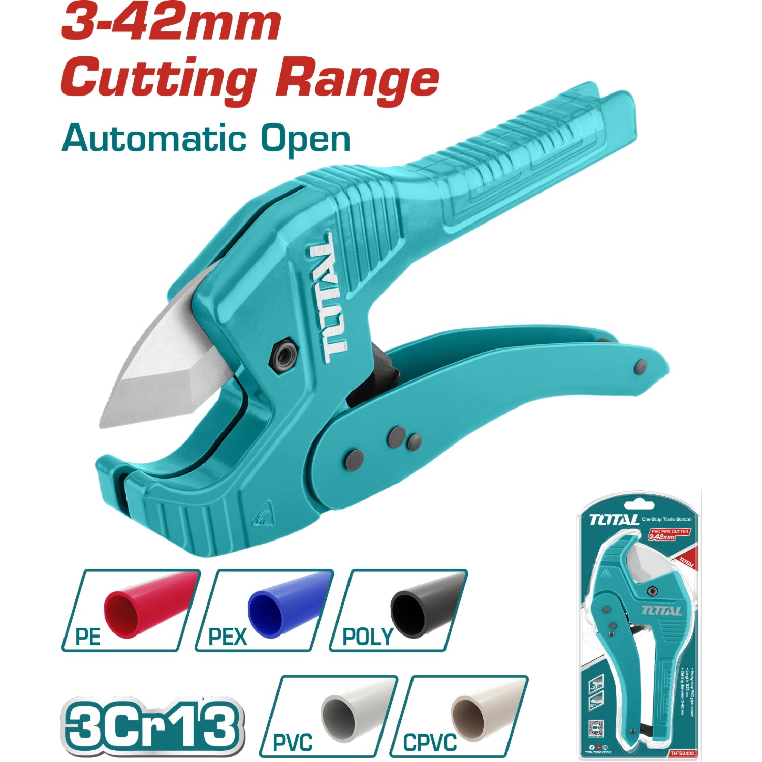 Cortador de tubo de PVC. Corta tubos de 3 a 42 mm. Largo 225 mm