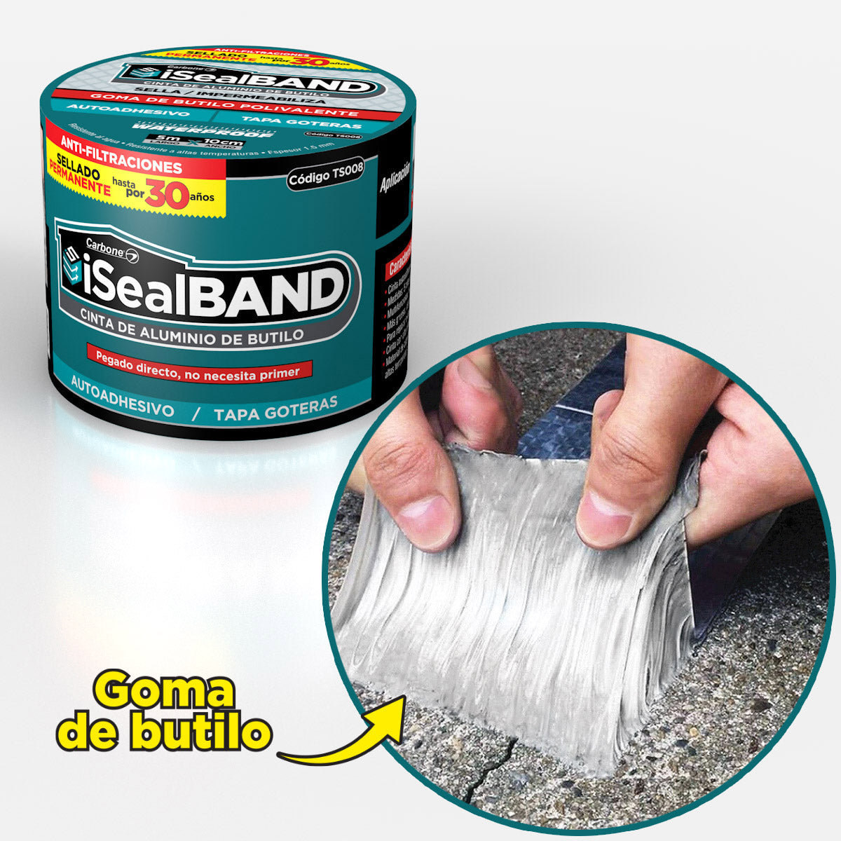 Cinta tapagoteras goma de butilo y aluminio iSeal-Band para filtraciones de techo. 4¨ancho x 5 mts largo duración 30 años. sellado definitivo