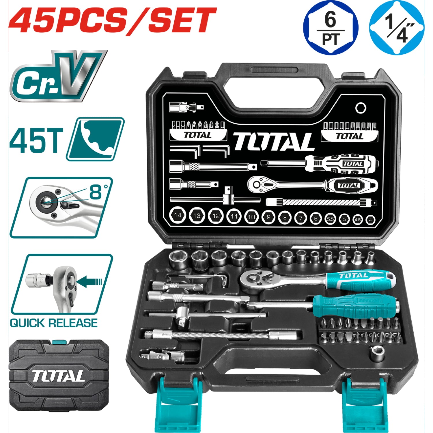 rachet c/socket 45PZA 1/4" CRV DR SOCKET 4,4.5,5,5.5,6,7,8,9,10,11,12,13,14mm