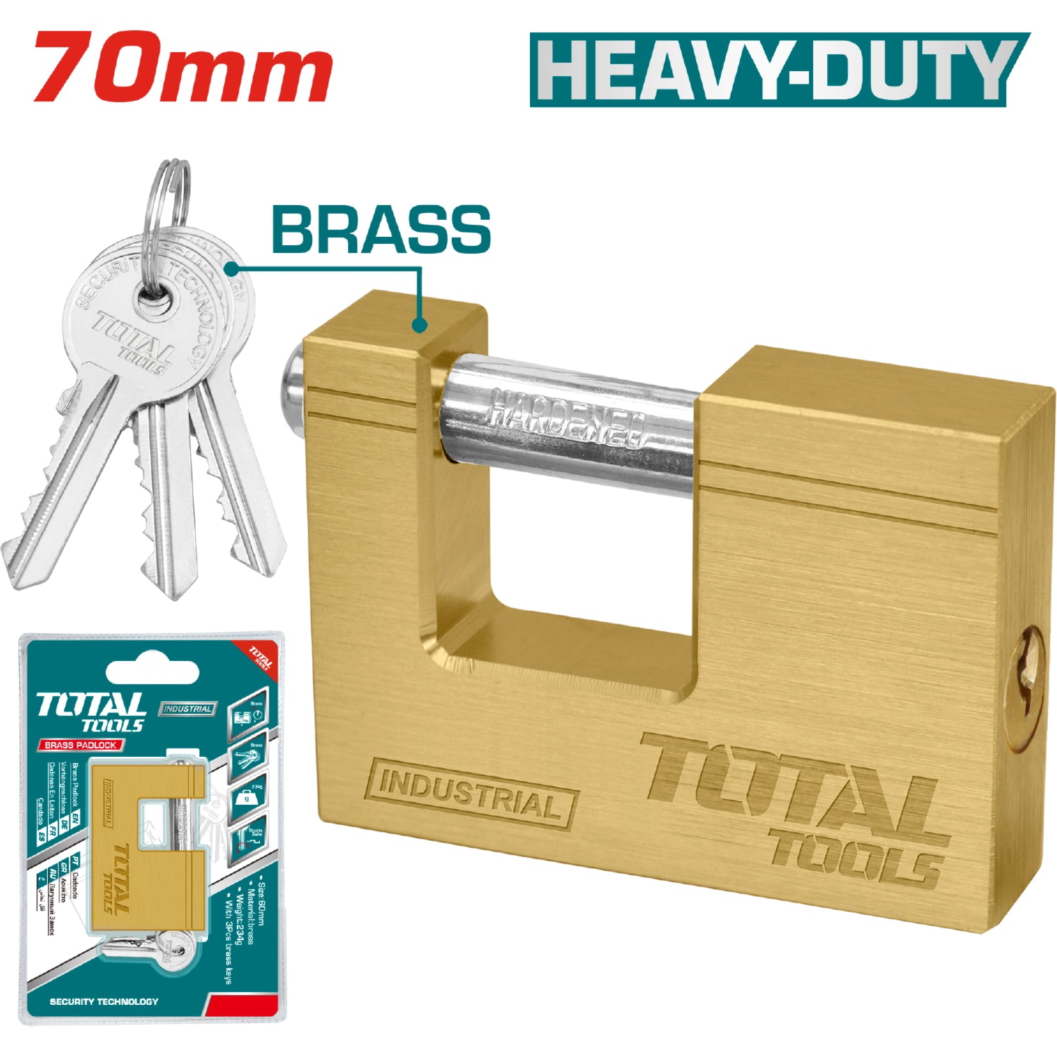 Candado bronce rectangular HeavyDuty. 70 mm. 411 g. con 3 llaves. Misma calidad que Yale