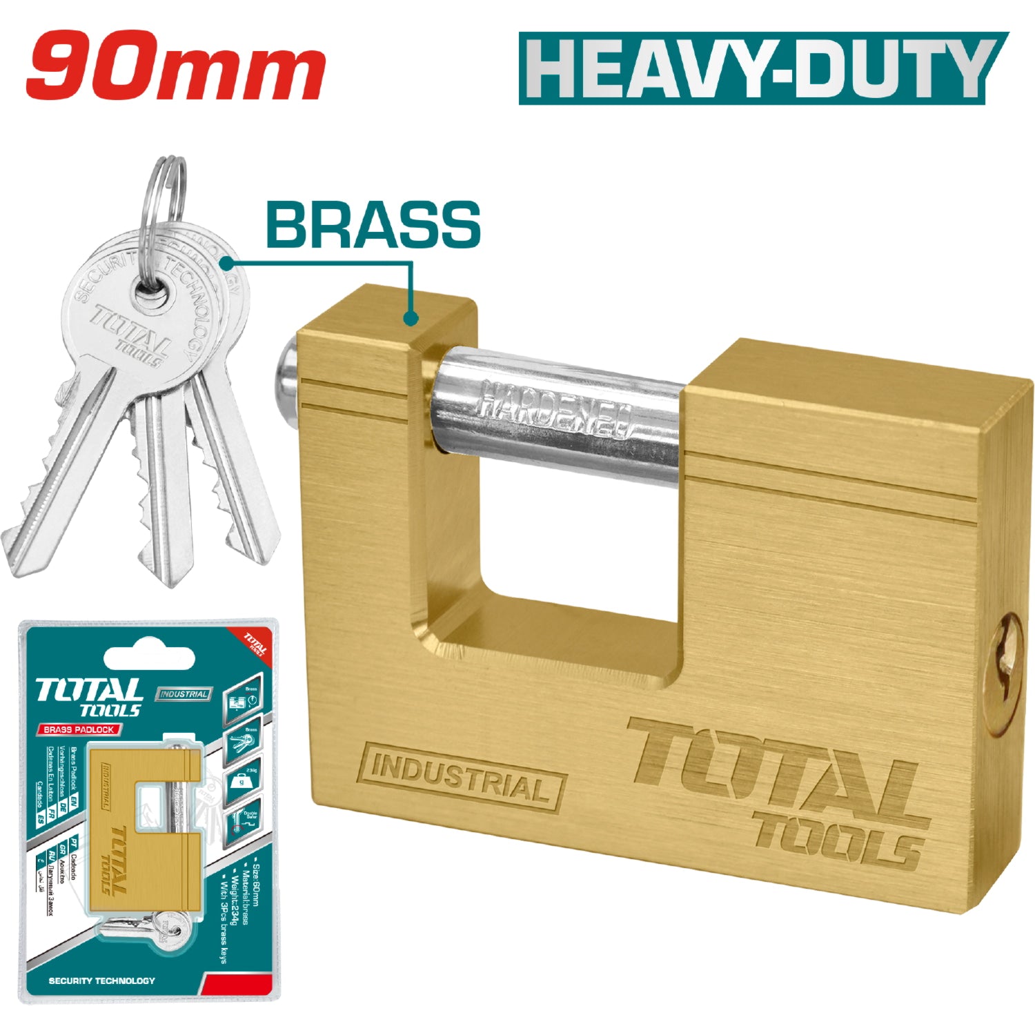 Candado bronce rectangular HeavyDuty. 90 mm. 609 g. con 3 llaves. Misma calidad que Yale