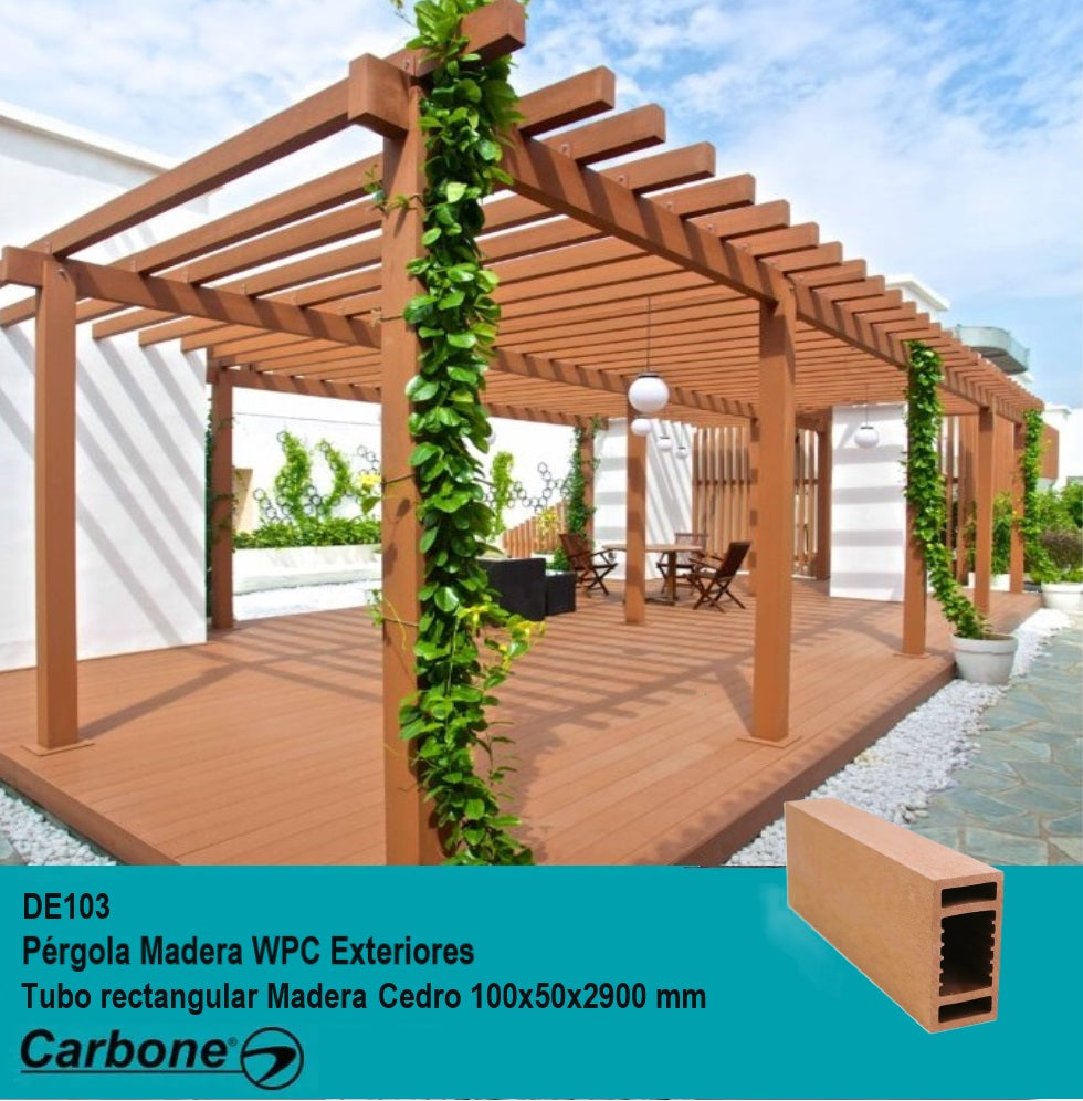 Pergola WPC Tubo Rectangular 2" x 4" Acabado Madera Cedro Exteriores 100x50x2900mm