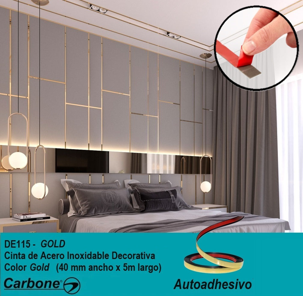 Cinta de acero Inoxidable Gold brillante Tira Autoadhesiva Decorativa 4cm x 5m largo  para marmol PCV
