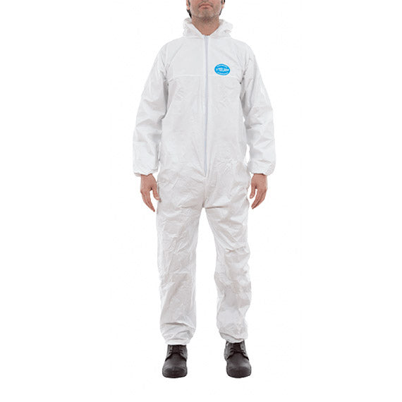 Overol protección completa de cuerpo talla XL. color blanco desechable. Triple capa, con capucha.