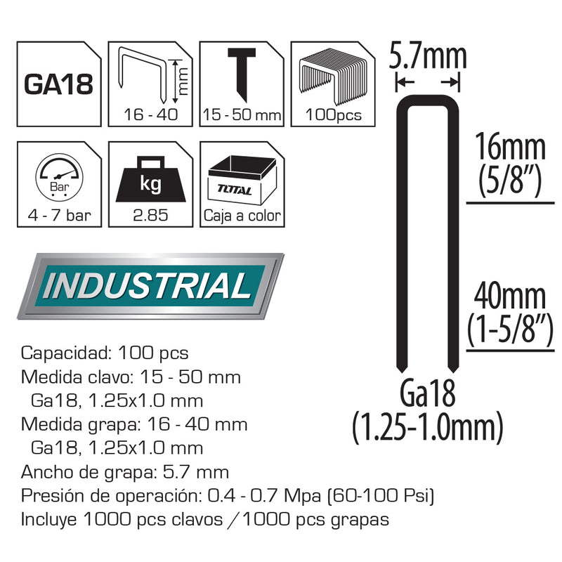 Pistola de clavo y grapa neumática 2 en 1. Carga hasta 100 pcs. Medida clavos 15-50 mm (1 año)