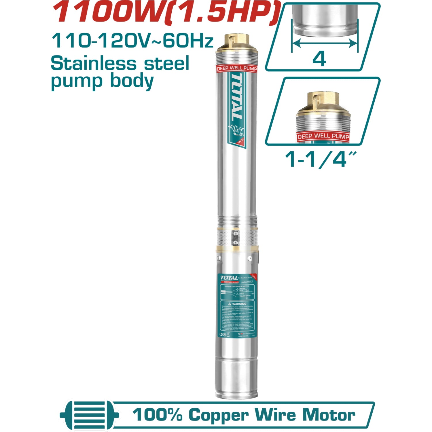 Bomba de pozo cuerpo de 4" 1100W(1.5HP).(1 año) 110-120V~60Hz.20mts de cable+swiche. NO incluye caja