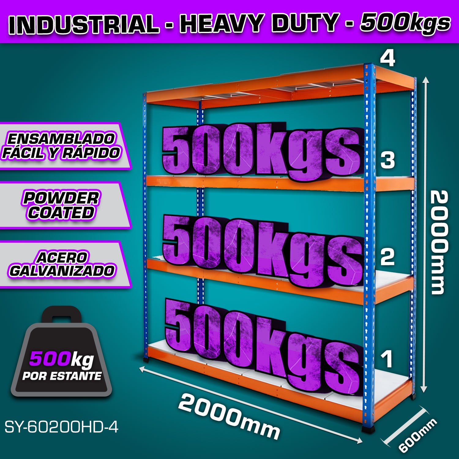 Estante de almacenamiento ajustable 4 niveles 600x2000x2000mm Carga  por nivel 500Kg Estanteria Arma rápido Rack
