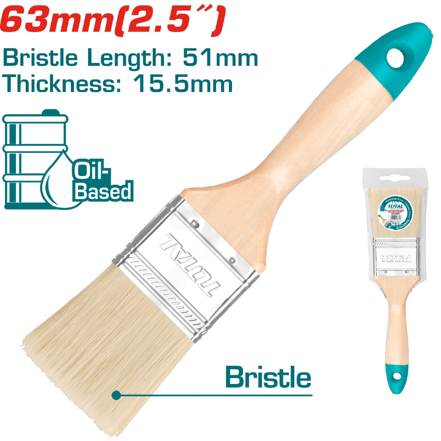 Brocha de 2 1/2" (63 mm) . Largo 51 mm grueso del pelo 15.5 mm . Mango de madera