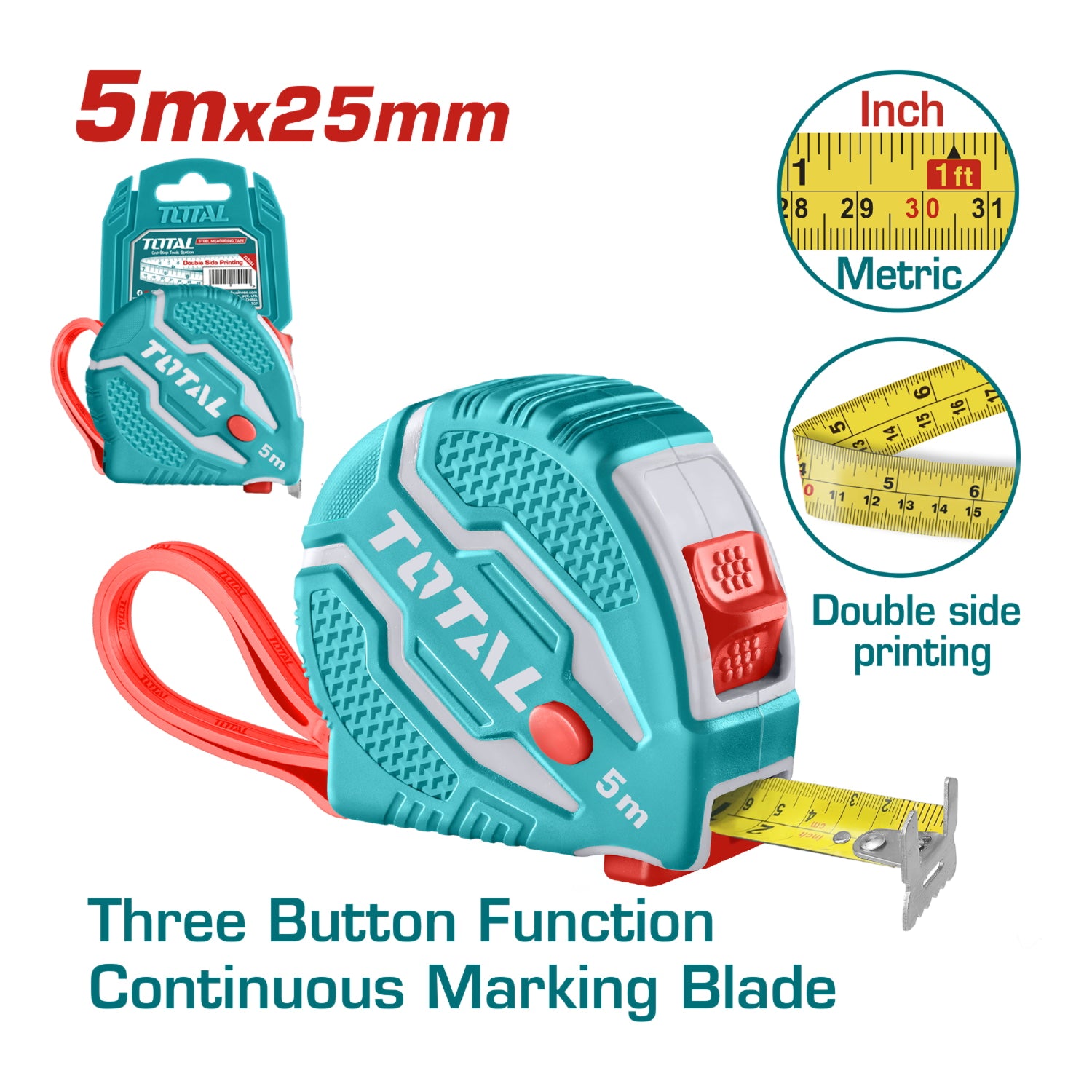 Cinta metrica y pulgada 5 mts x 25 mm. Alta calidad.