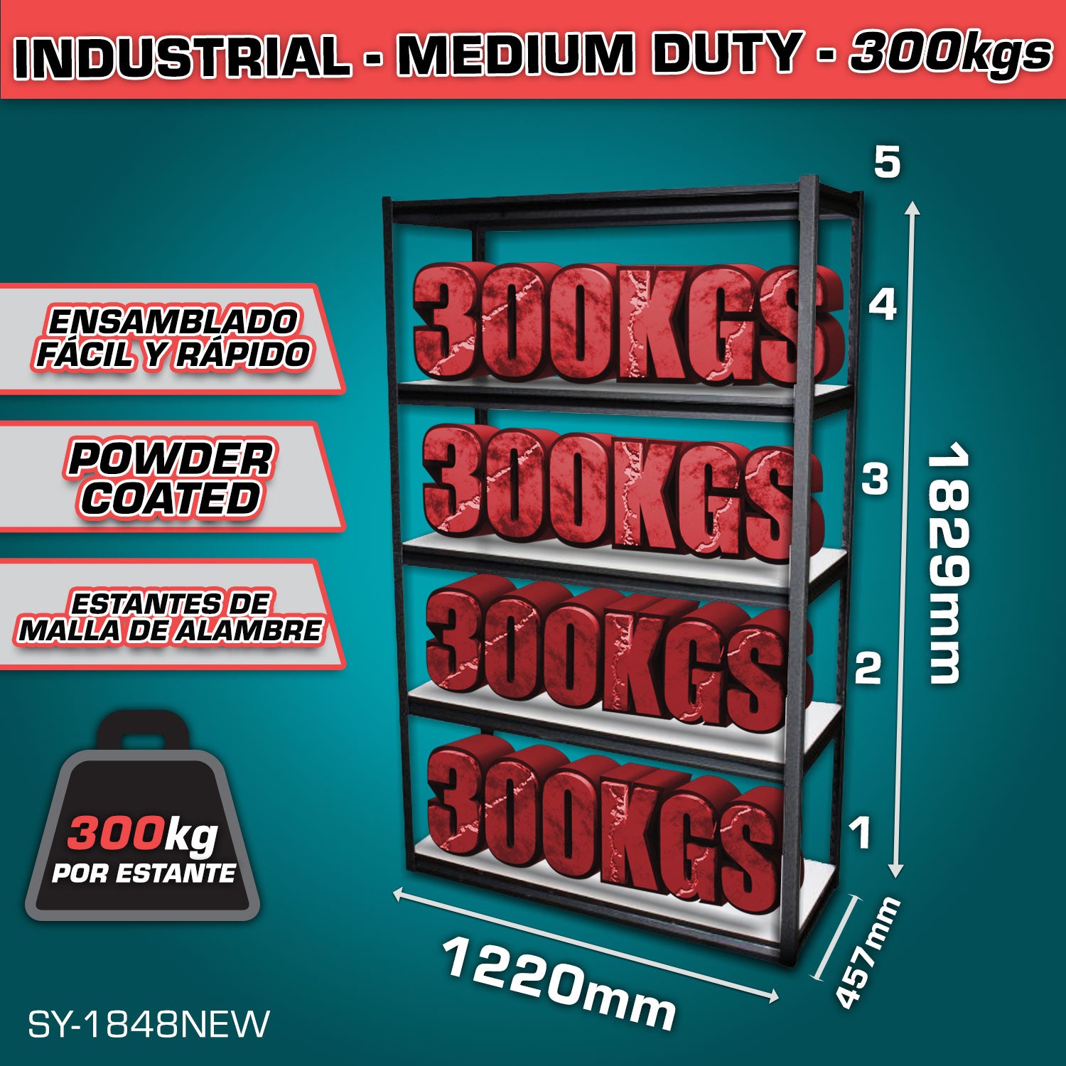 Estante de almacenamiento ajustable 5 niveles 457x1220x1829mm Carga por nivel 300Kg Estantería Arma rápido Rack.