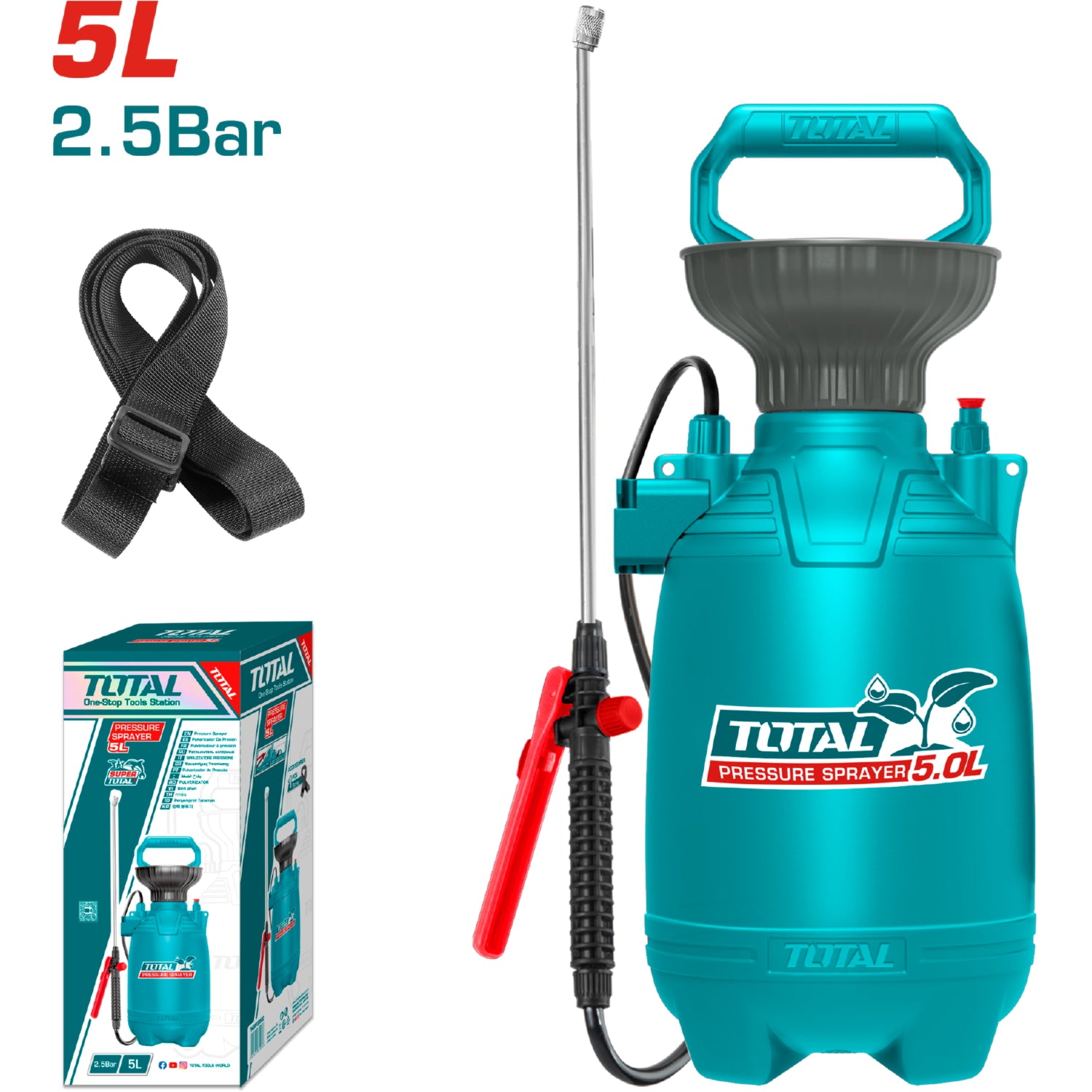 Rociador spray de presión 5 litros. 2.5BAR. Lanza inoxidable y boquilla de plástico.