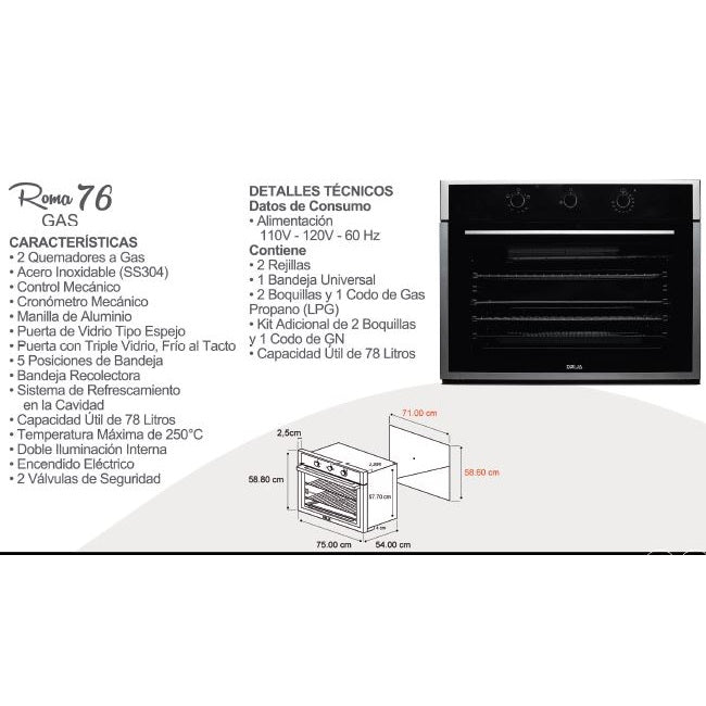 Horno empotrable a gas Roma 76.