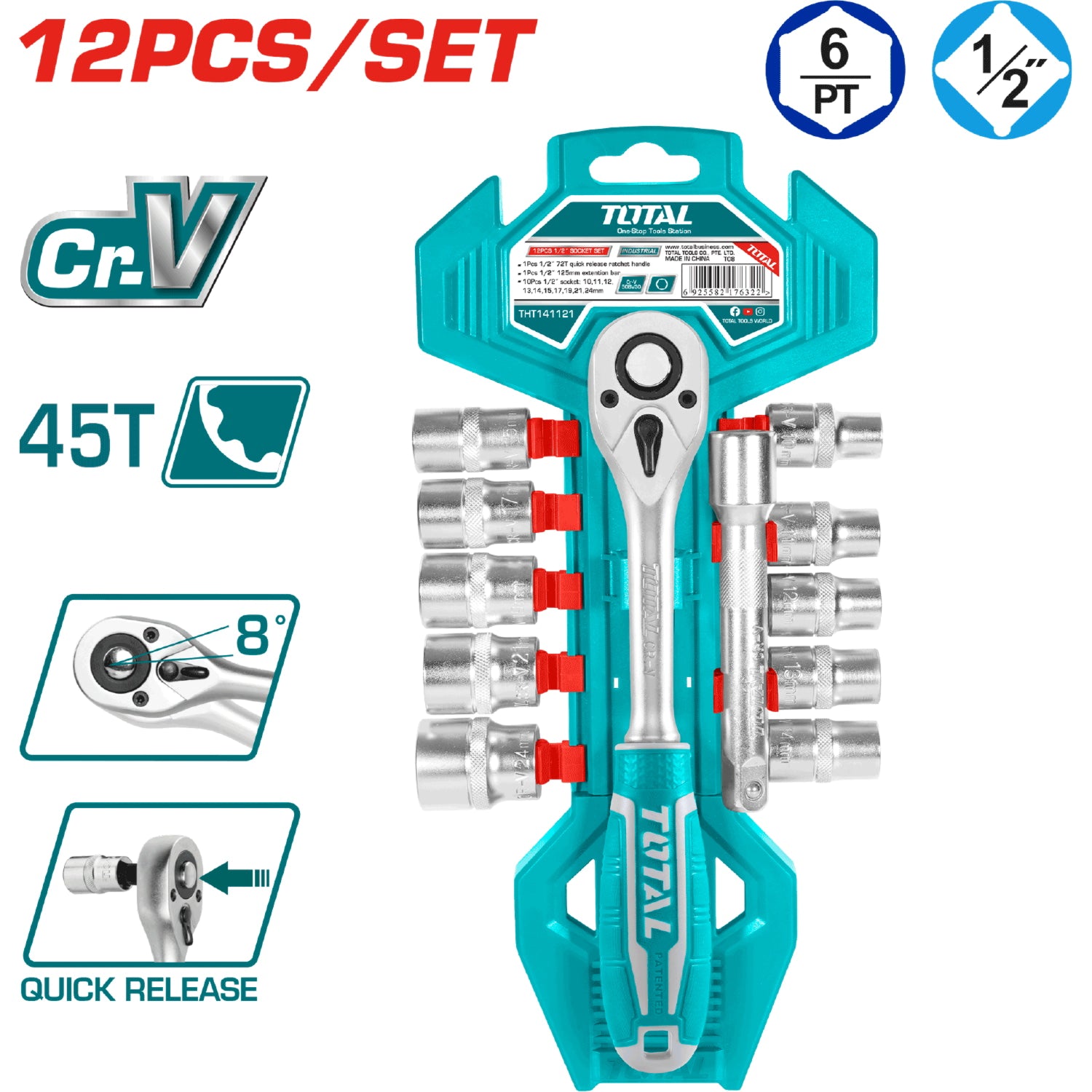 rachet c/socket 12PZA 1/2" 50BV30 CrV Medidas 10,11,12,13,14,15,17,19,21,24mm 1pcs 5" ext bar.