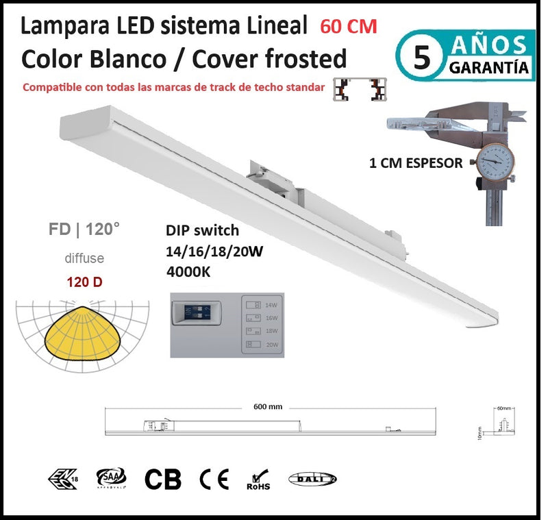Lamparas Lineales comerciales 60 cm 4000K Blanca frosted 3200lm 20W DIP ajustable 14/16/18/20W CRI90 3 Cables AC100-227V