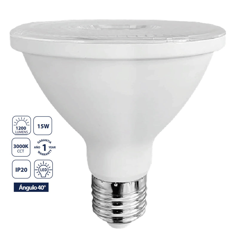 Bombillo LED PAR30 E27 15W 3000K 1200lm Luz Cálida Industrial Comercial Residencial .Aluminio. Foco