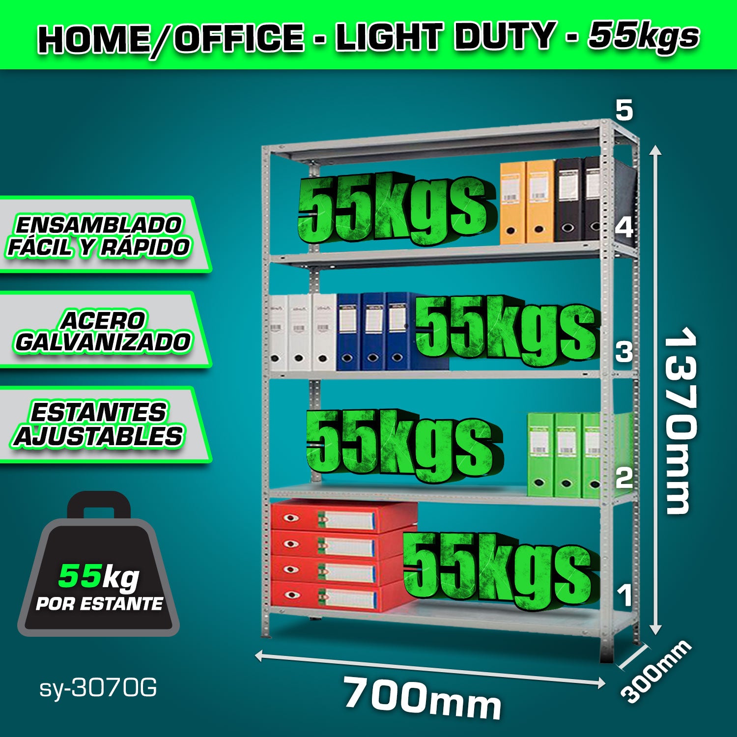 Estante de almacenamiento ajustable 4 niveles 305x705x1370mm Carga por nivel 55Kg Estanteria Arma rápido Rack