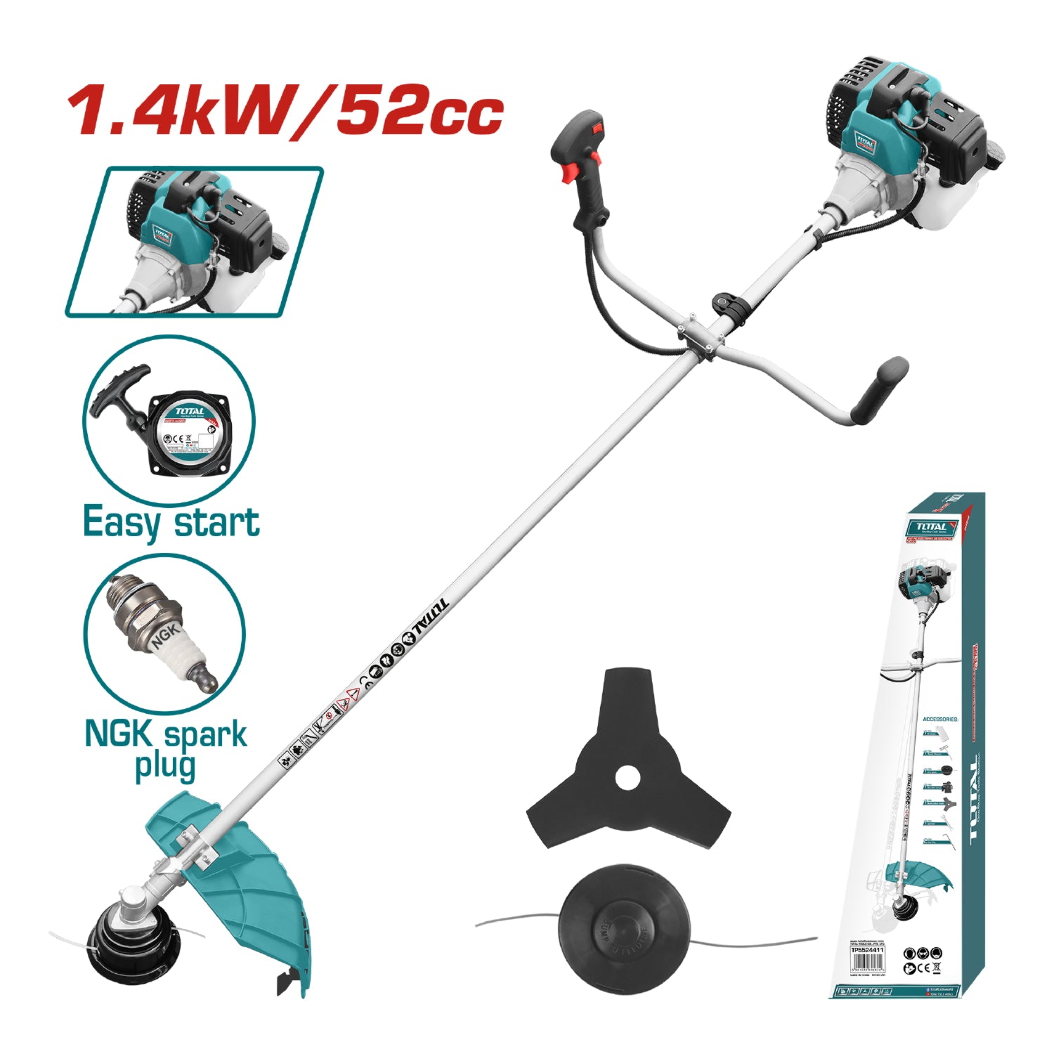 Desmalezadora Grande. Motor 2 Tiempos Enfriado Por Aire A Gasolina 1.4KW (2.2HP) 52cc.