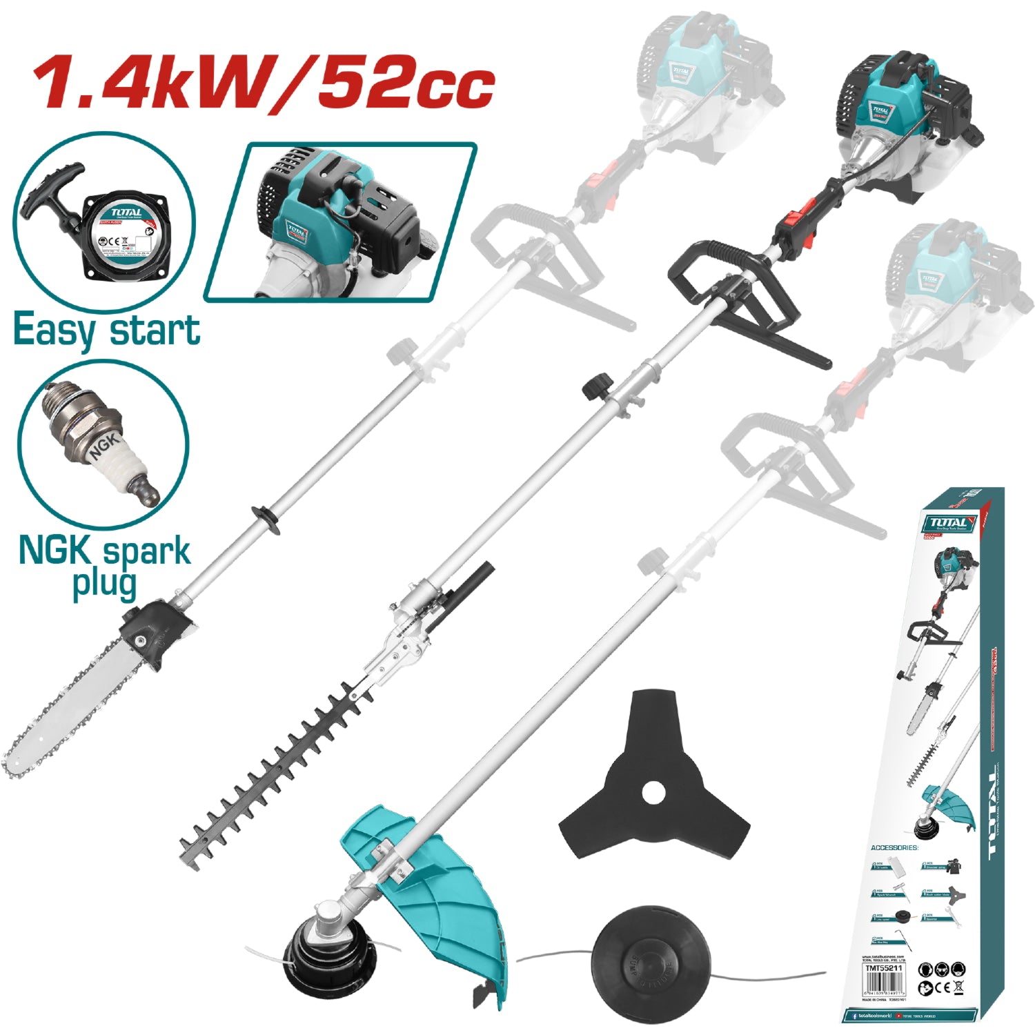 Desmalezadora Multi-Herramienta para podar Motor 2 tiempos gasolina 52 cc wira