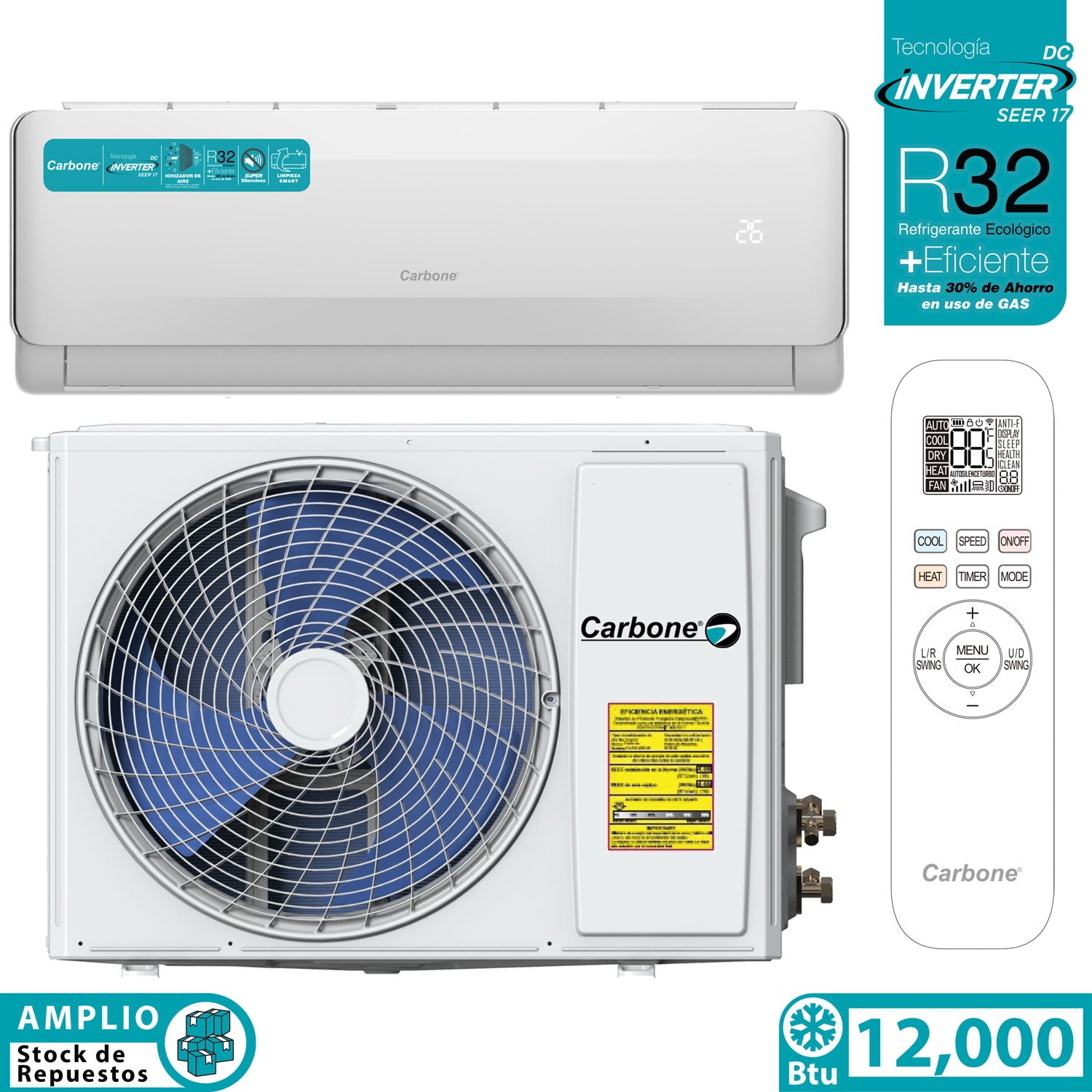 Aire acondicionado Split Inverter 12,000 Btu R32 Coil de Cobre SEER 17