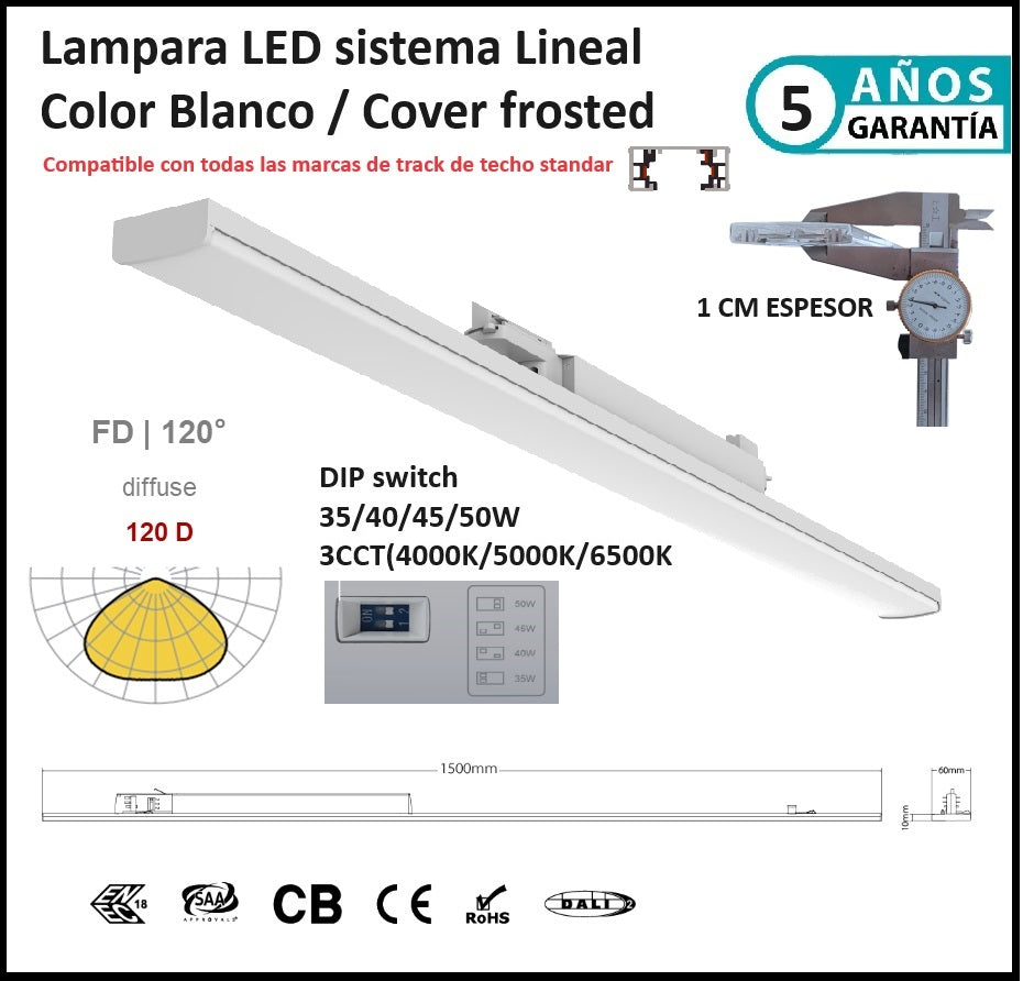 Lampara colgante Lineal comercial 1.5m Blanca frosted 7000lm DIP 35-50W ajustable 4000K/5000K/6500K CRI90 3 Cables AC100-227V