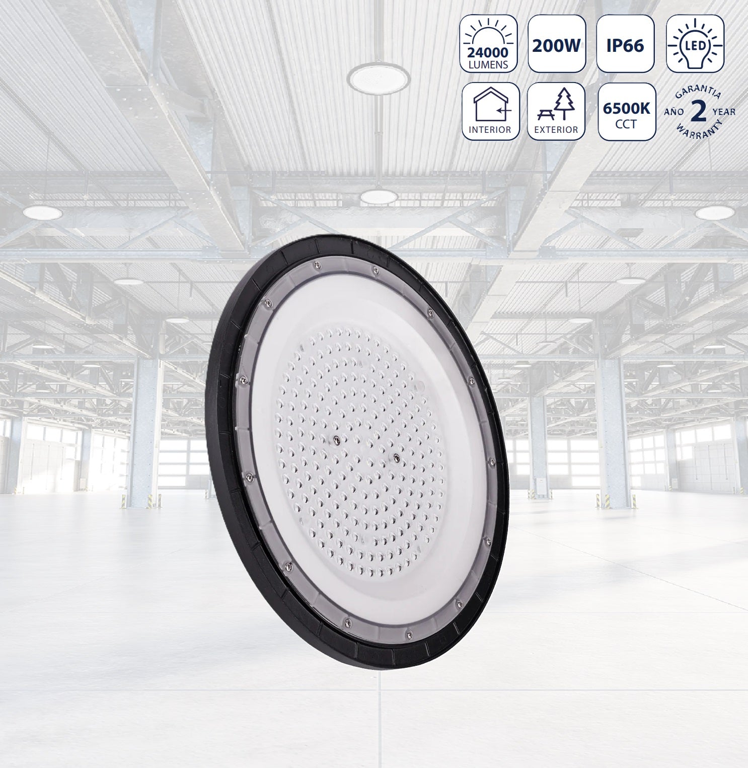 Lámpara de Techo LED High Bay 200W 6500K con Tecnología LED .Iluminación Potente. Ideal Techos Altos. Foco LED.