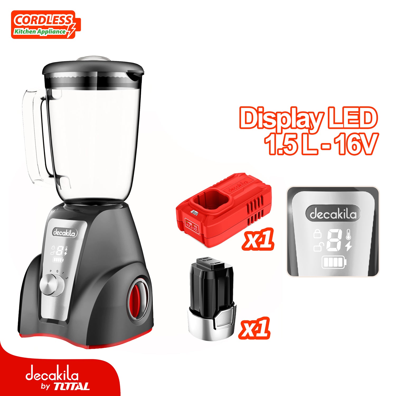 Licuadora Inalámbrica Gris 1.5L 300W 16V 2 Velocidades. Jarra de Plástico. Incluye Batería y cargador.