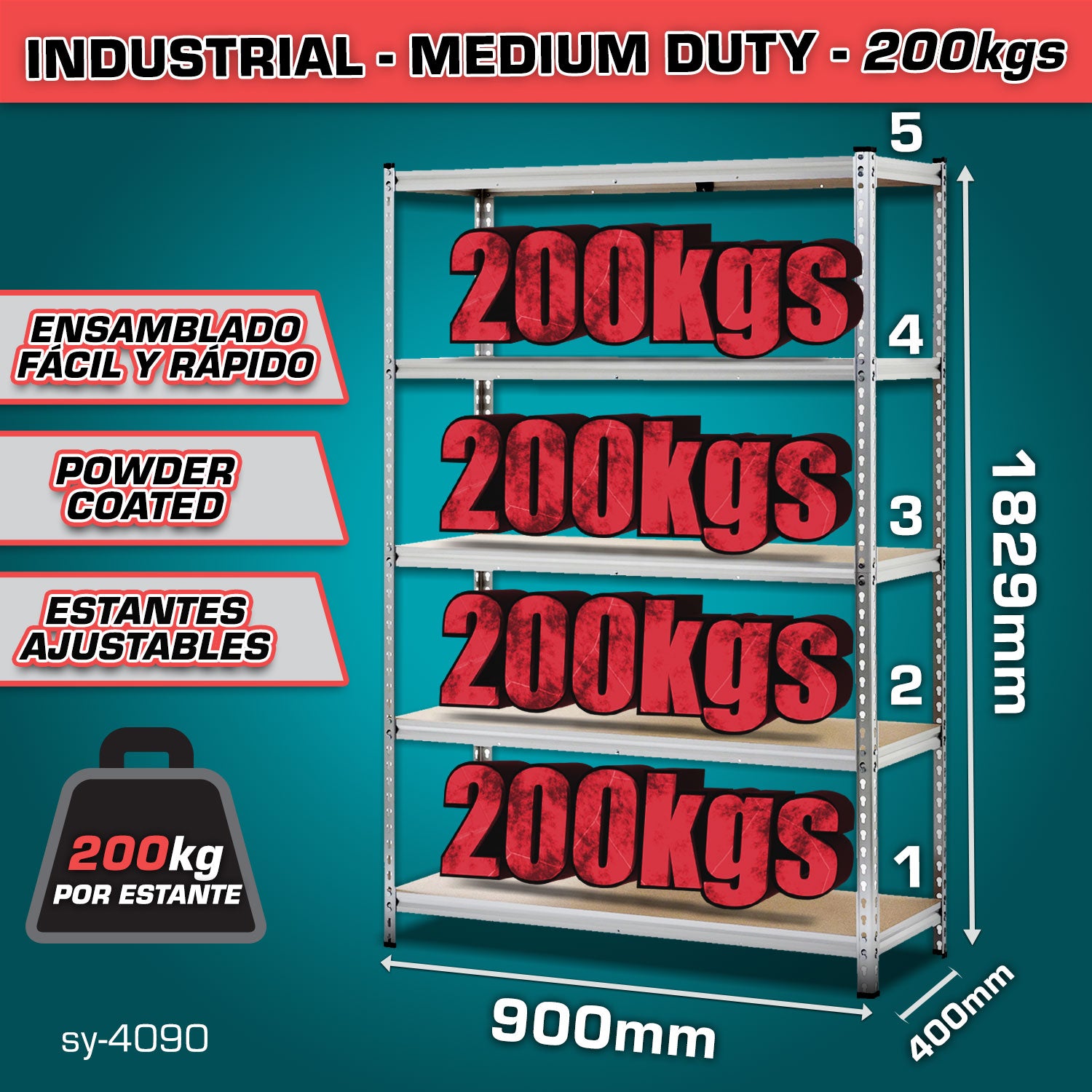 Estante de almacenamiento ajustable 5 niveles 400x900x1829mm. Carga por nivel 200Kg Estanteria Arma rápido Rack