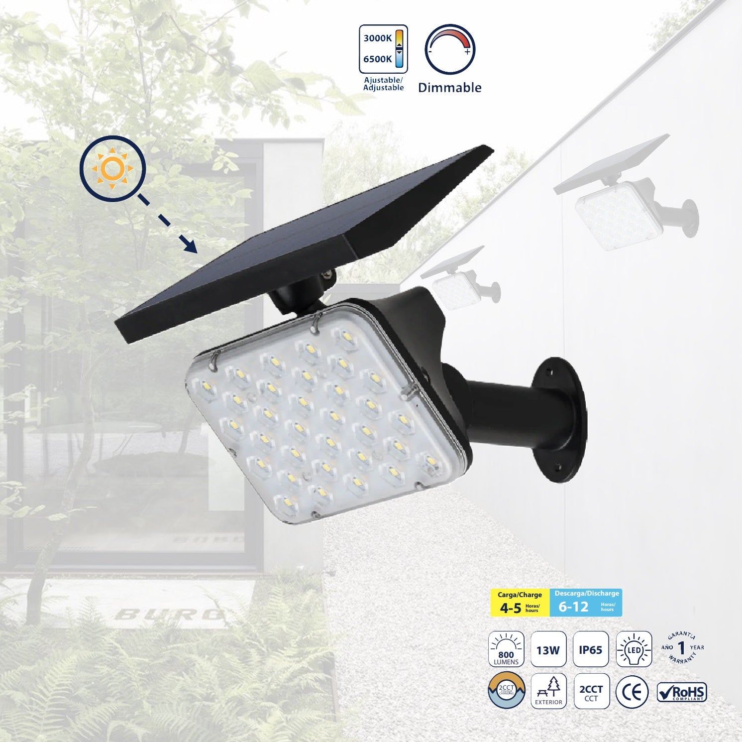 Lámpara estaca Solar LED Negra 13W - 800 Lumens, CCT 3000K/6500K.Función de auto encendido y auto apagado. Lámpara estaca solar.