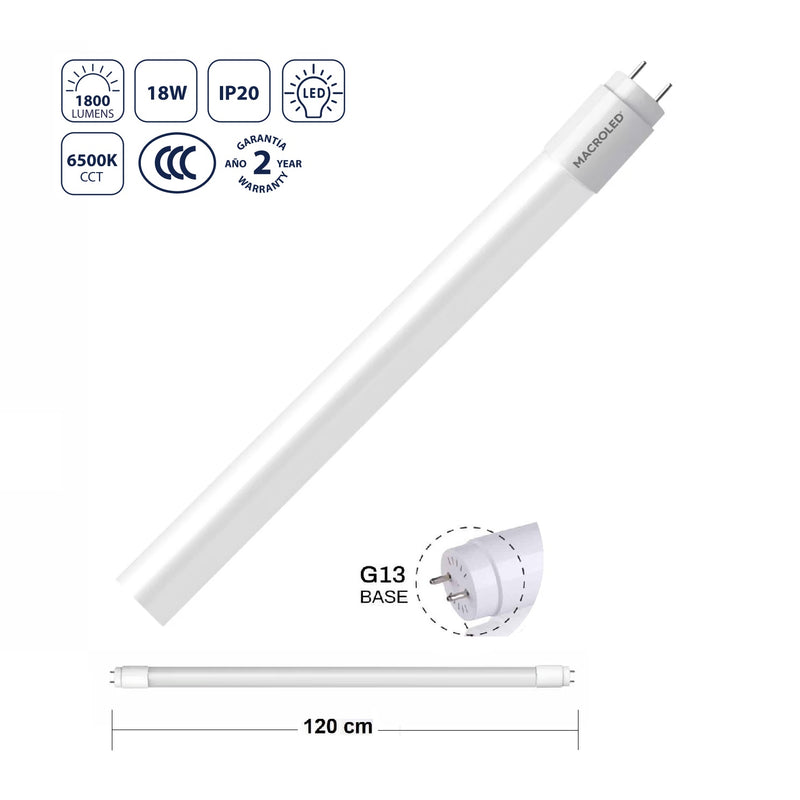 Tubo LED T18 18W 6500K Luz Fría, 1800lm, Base G13 Ahorro Energético y Luminosidad Homogénea, 598x26 mm