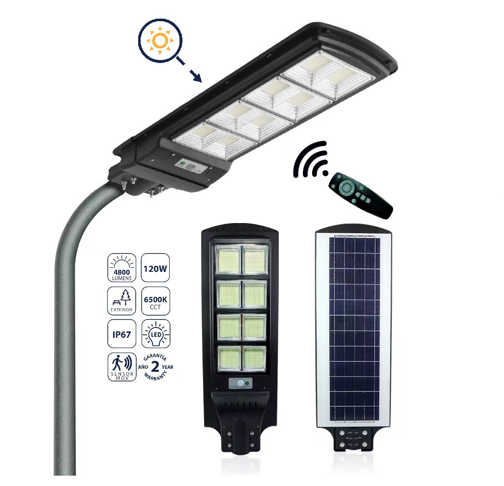 Lámpara Solar LED 120W  de Calle 4800lm 6500K Fría, Sensor Movimiento, Sostenible. Luminaria