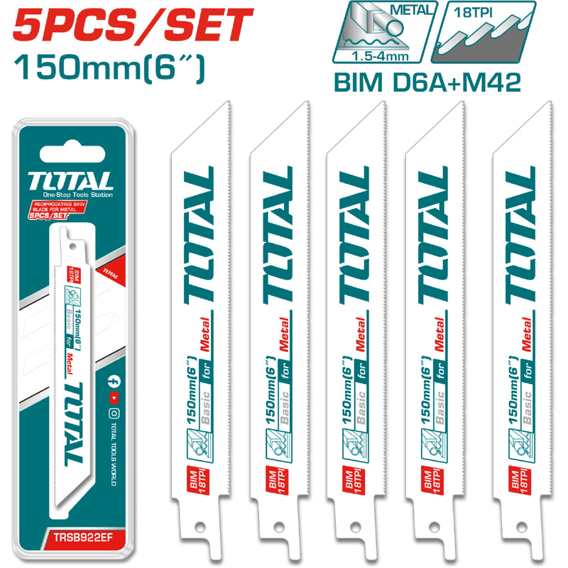 Hojas de sierra sable para metal 6" 18 TPI Set de 5 piezas.