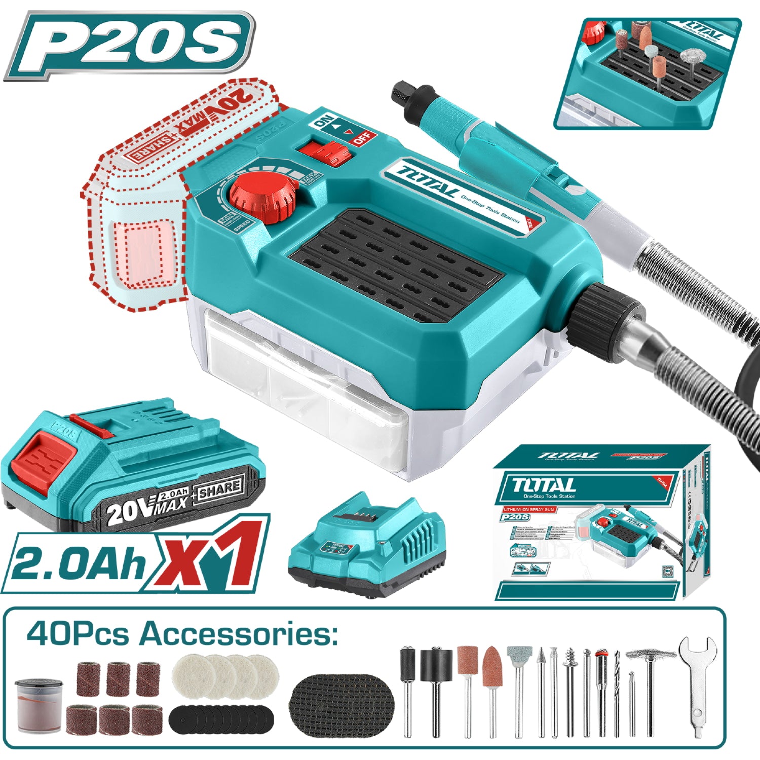 Moto Tool Inalambrico 20V. Incluye batería y cargador. Incluye 40 Accesorios.