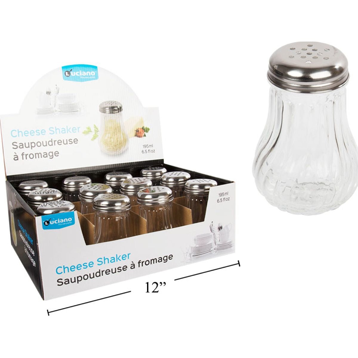 Glass Cheese Shaker Coctelera de vidrio para queso Luciano, 2.75 "de diámetro x 4.125" de alto