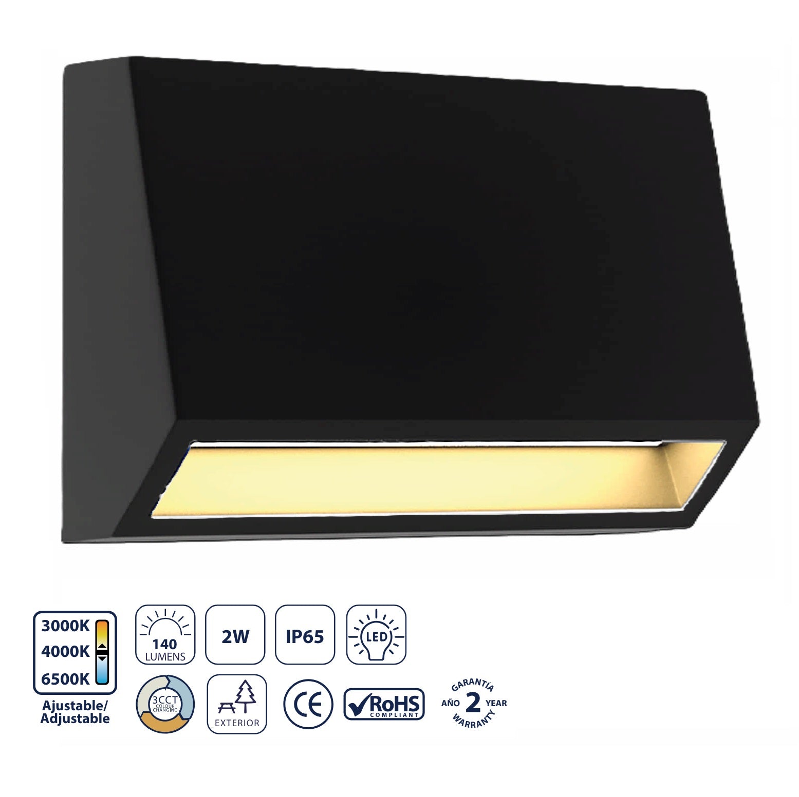 Lámpara de Pared Exterior Negra LED 2W CCT, 140 lm, Ajustable. Iluminación Versátil . Luminaria