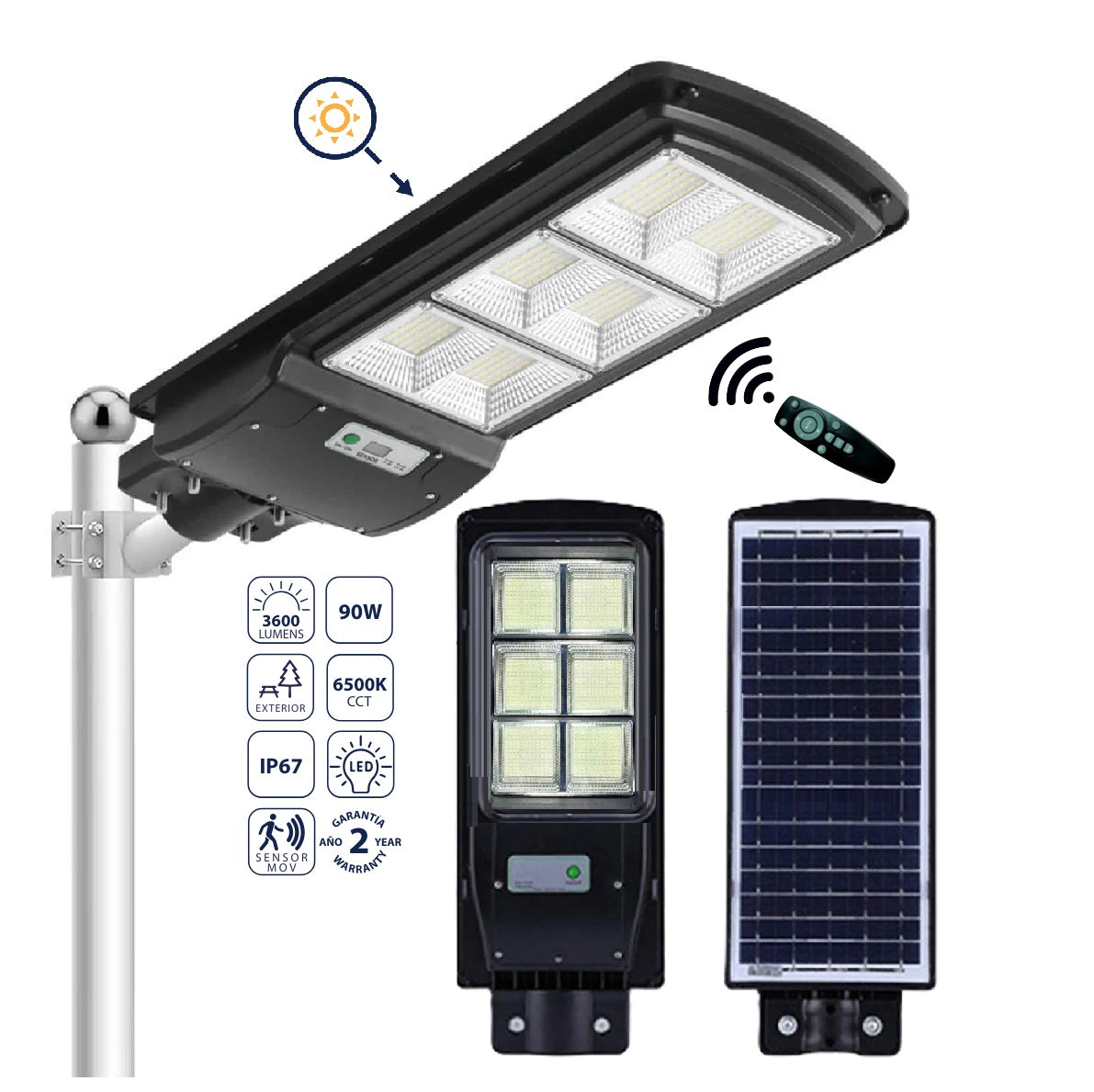 Lámpara Lámpara Solar LED de Calle 90W, 3600 lm, 6500K Fría. Sensor de Movimiento. Eficiencia en Exteriores. Luminaria.