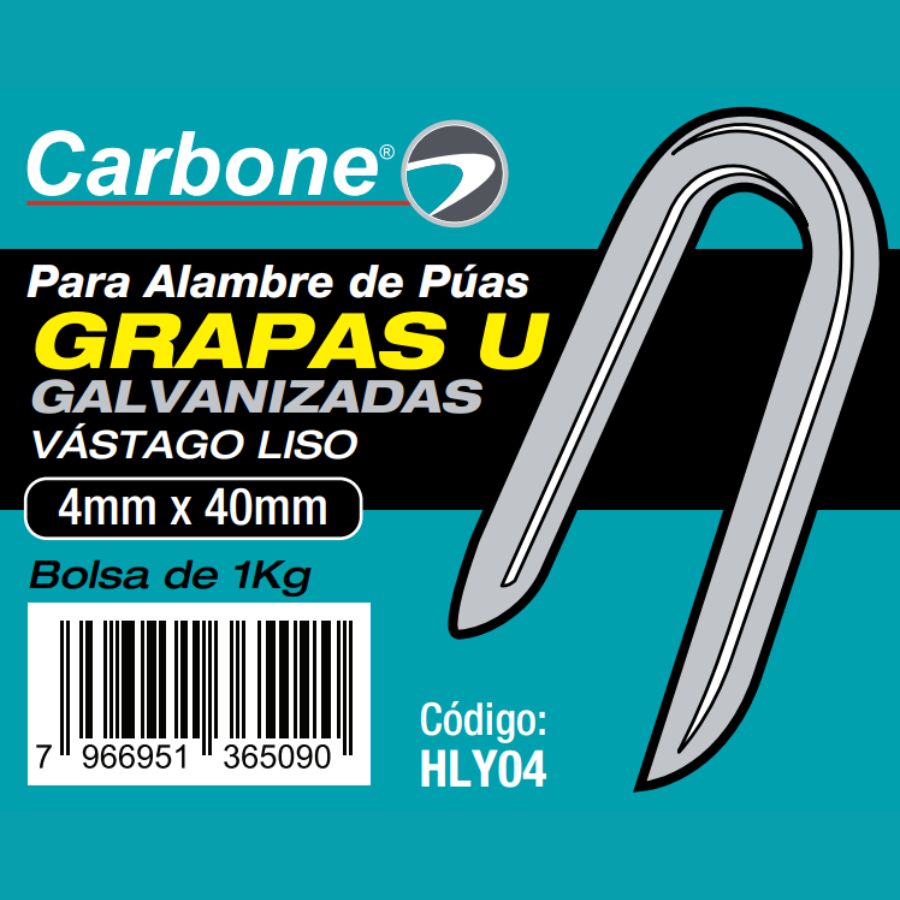 Grapas clavos U galvanizados de 4mm x40 mm. para alambre de puas (Bolsa de 1kg. / 2.2lbs)