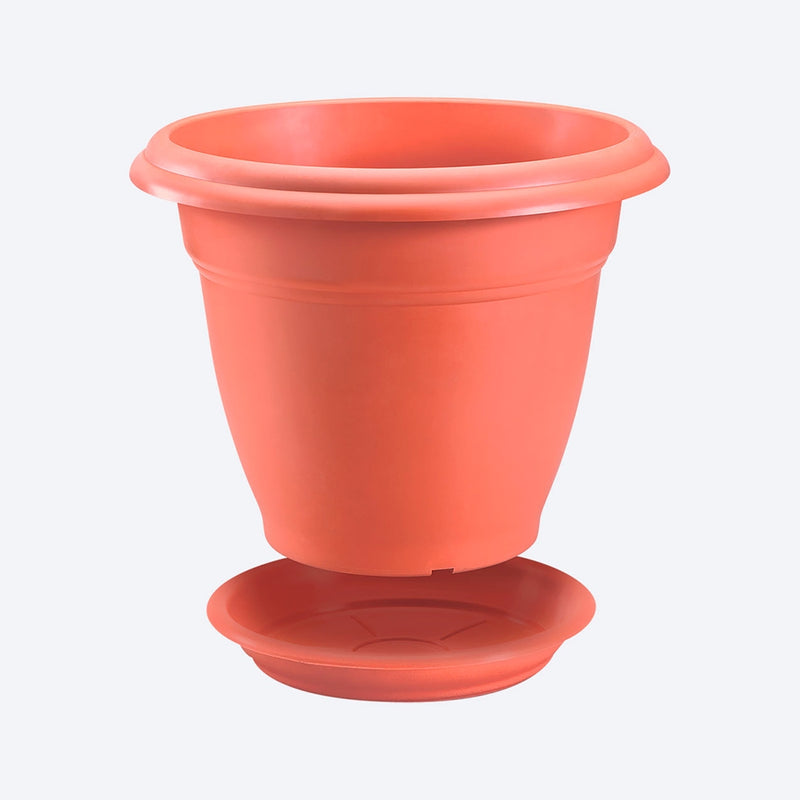 Macetera redonda con plato, de 35 cm, color terracota