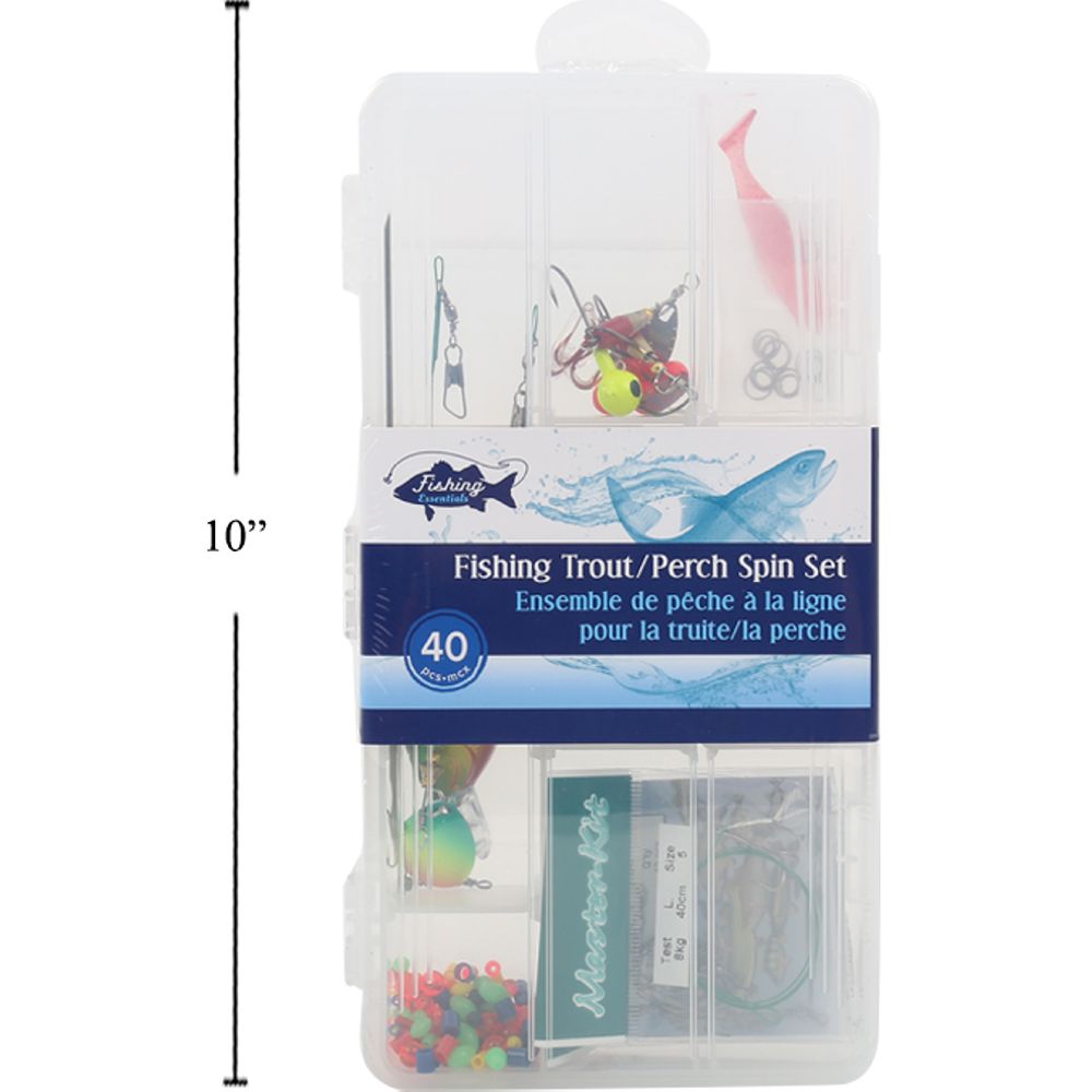 Juego de pesca de trucha / perca de 40 piezas, caja de plástico con etiqueta de color