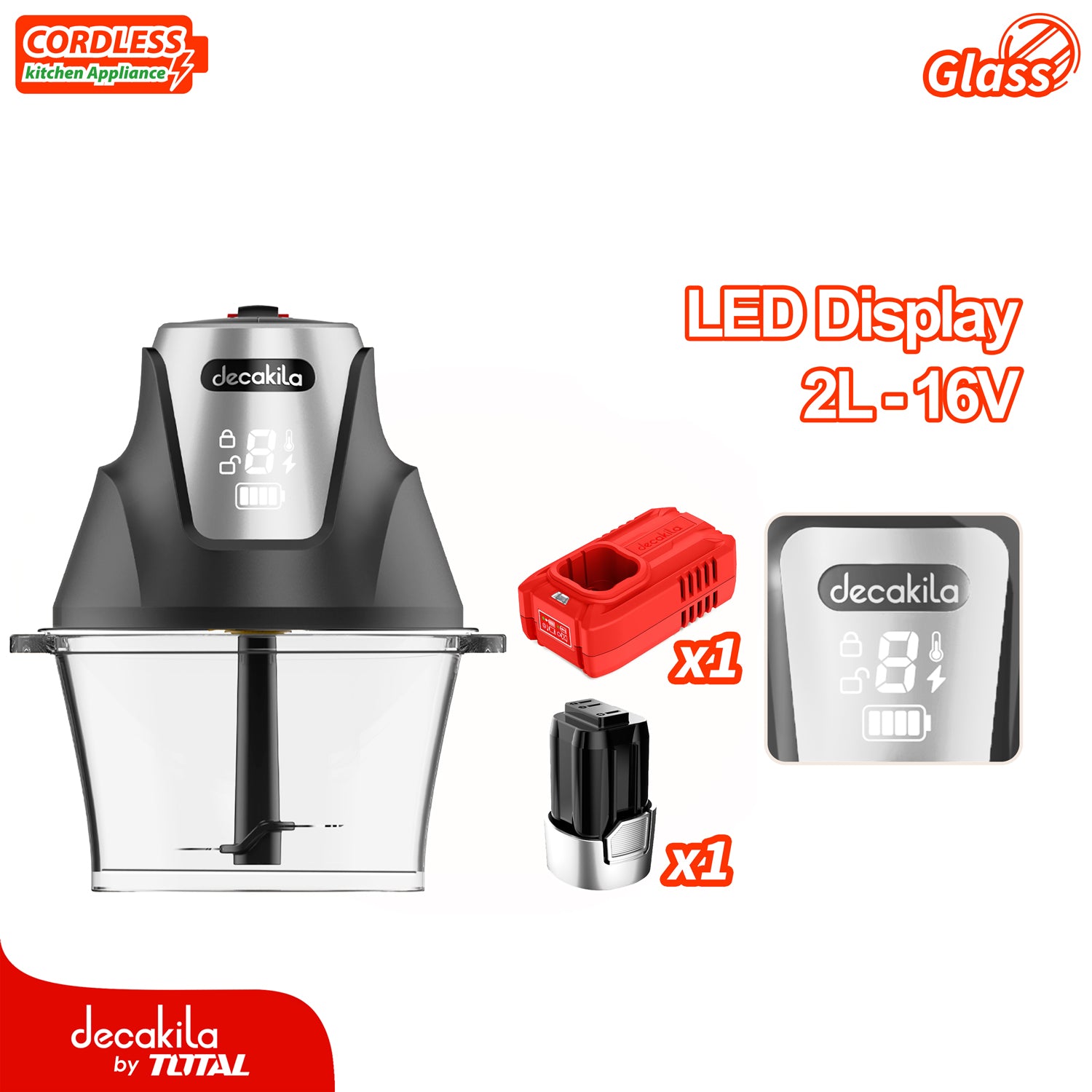 Picador de alimentos inalámbrico gris de 2L con bowl de vidrio y cuchillas de acero inoxidable. Incluye batería + cargador.